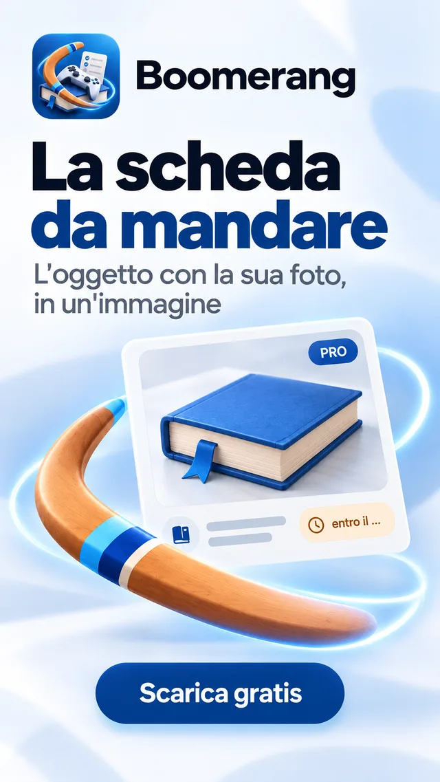 La scheda da mandare: l'oggetto con la sua foto, in un'immagine (Pro).