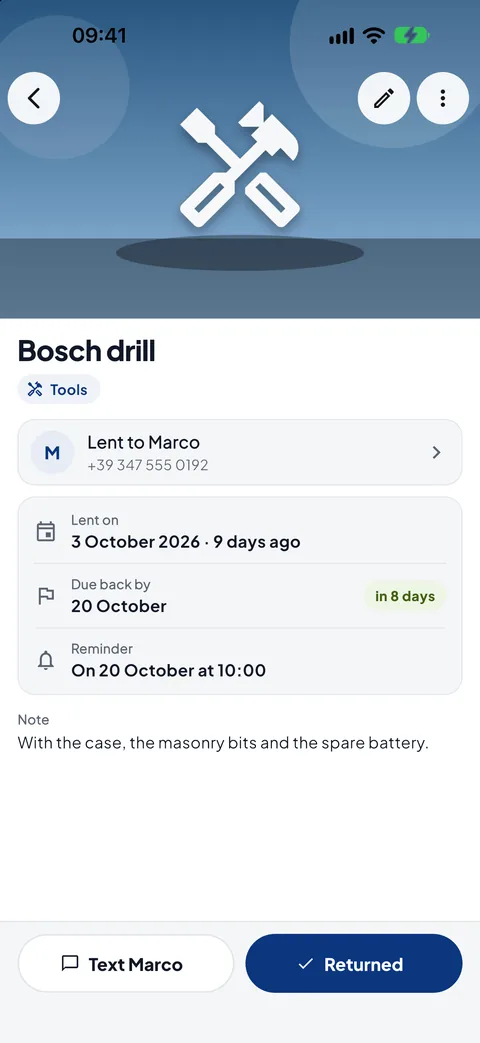 An item, with a photo and a due date