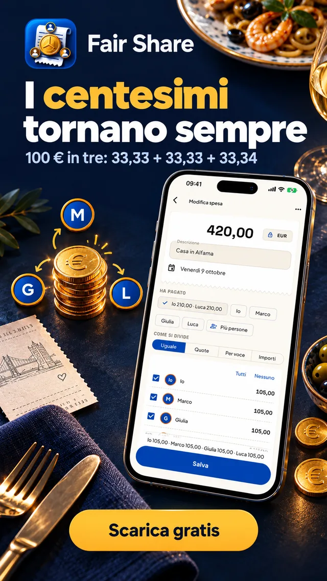 I centesimi tornano sempre: 100 € in tre fa 33,33 + 33,33 + 33,34.