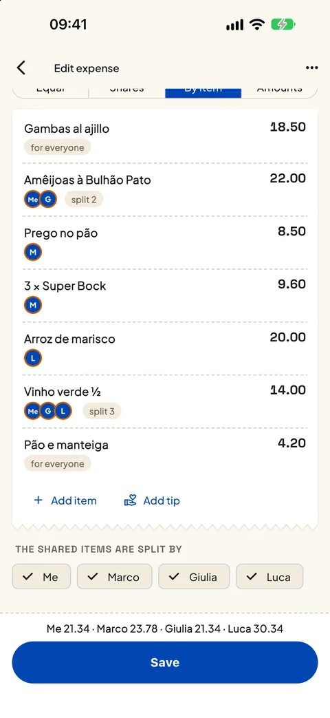 The bill split by item