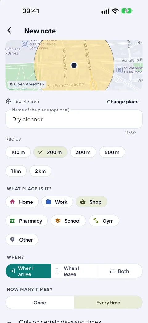 A new note: place, radius, kind of place, arrival or leaving
