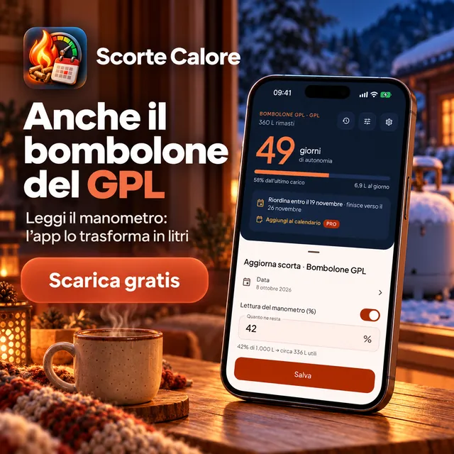 Anche il bombolone del GPL: leggi il manometro e l'app lo trasforma in litri.