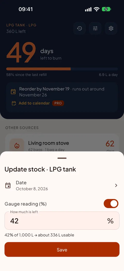Updating the stock, even from the LPG gauge