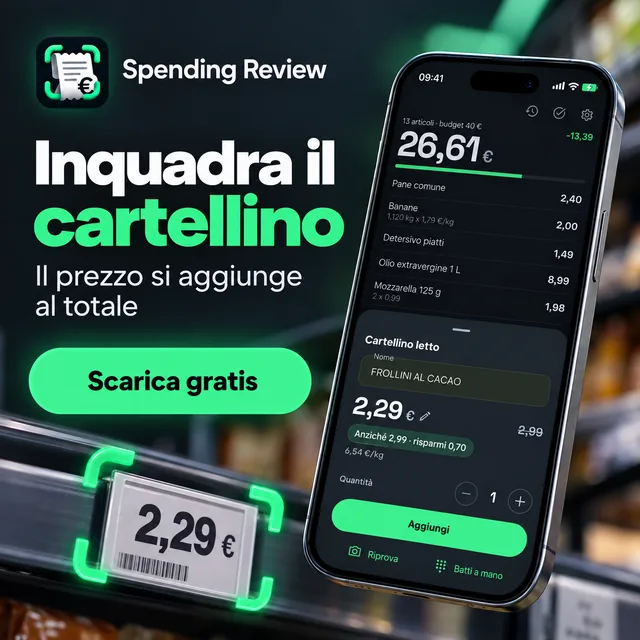 Inquadra il cartellino: nome, prezzo e offerta, letti sul telefono.