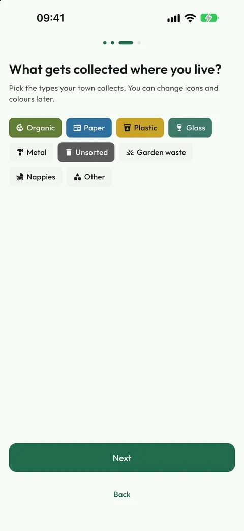 Waste types, with colours and icons
